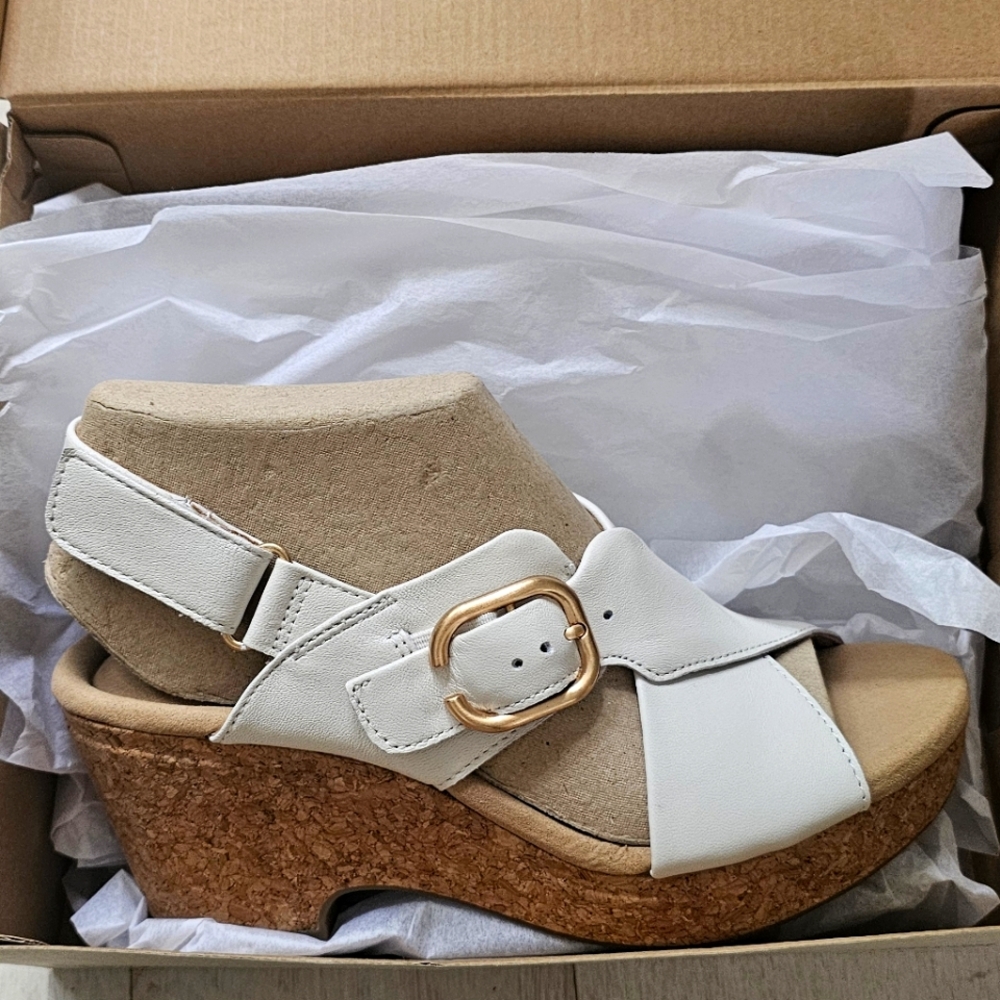 Clarks White Cork Wedge Sandals with Buckle